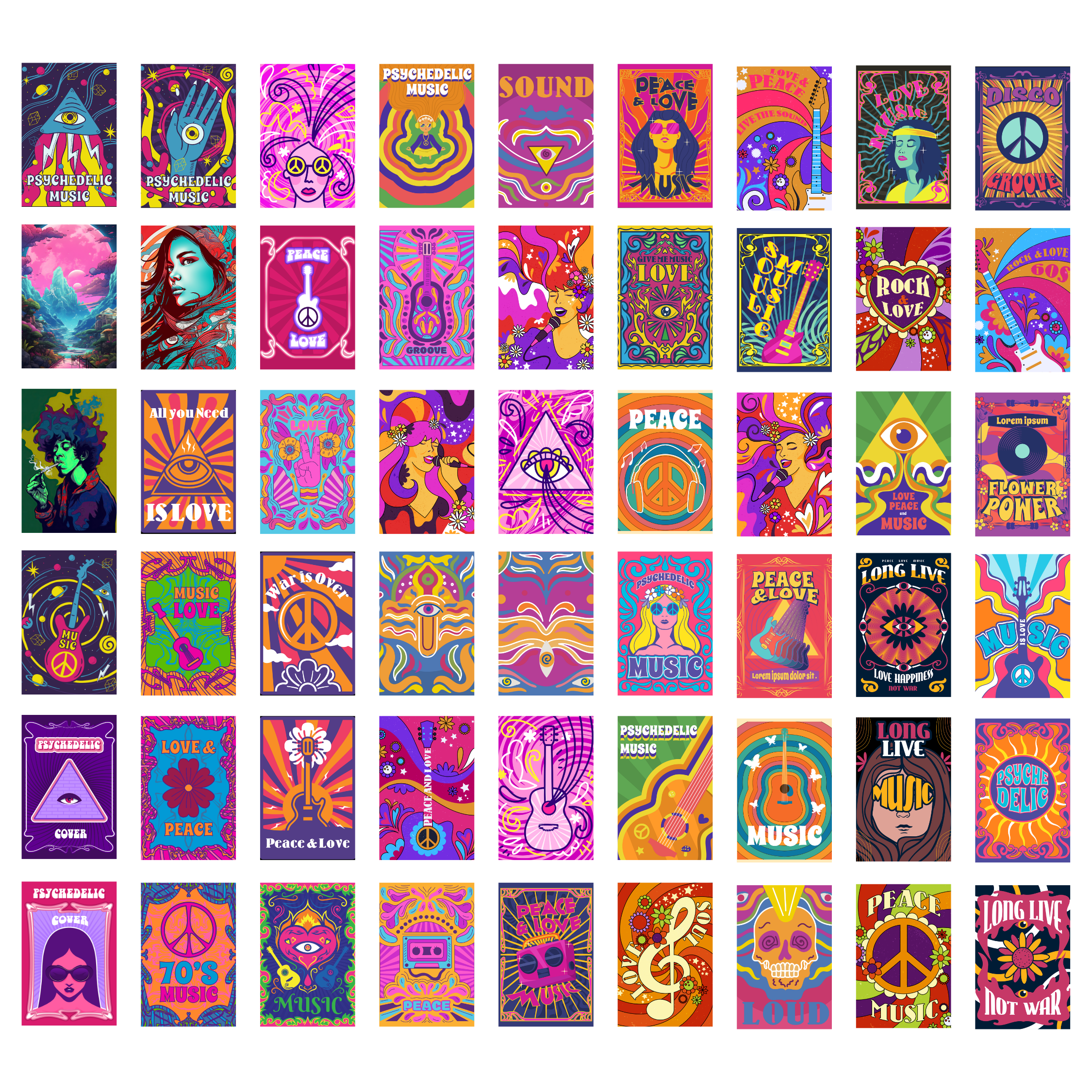 PSYCHEDELIC PACK OF 54 POSTERS| EACH POSTER "4X6" INCHES