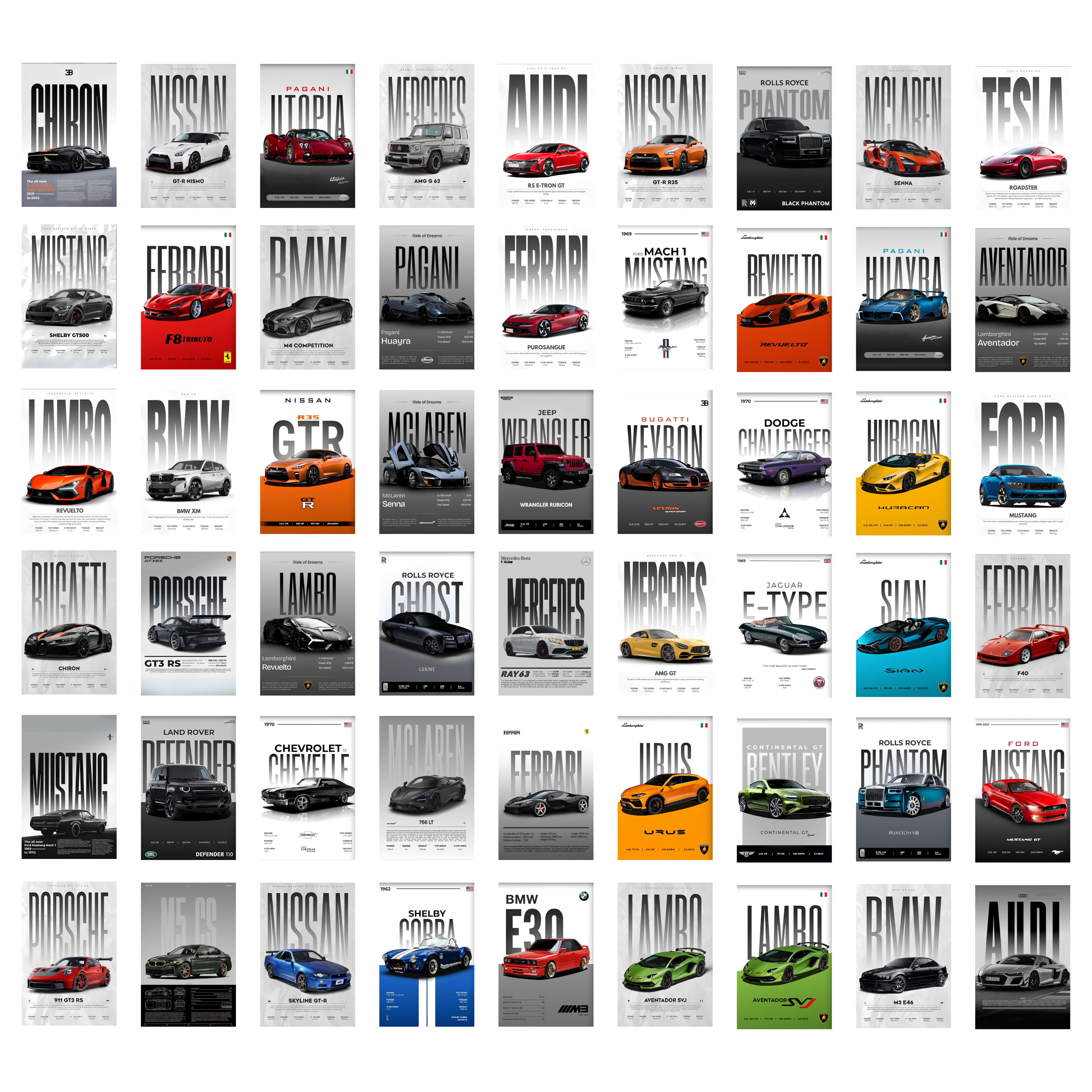 Cars Posters Pack of 54 | Supercars, Classics & Sports Car Wall Art